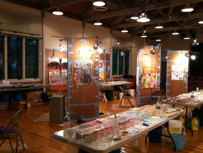 A nighttime view of the Painting Experience studio at the Omega Institute