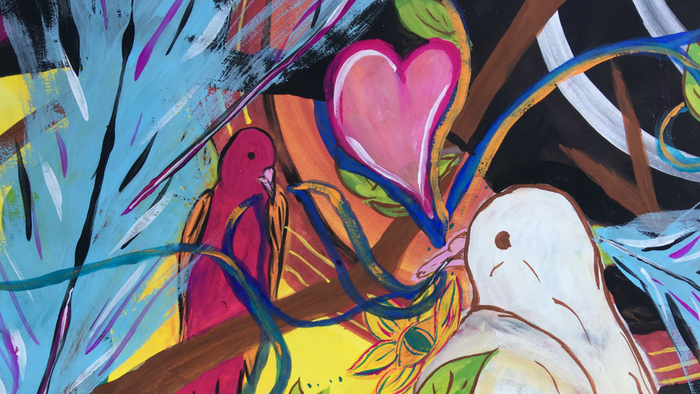 Process painting of two birds and a heart