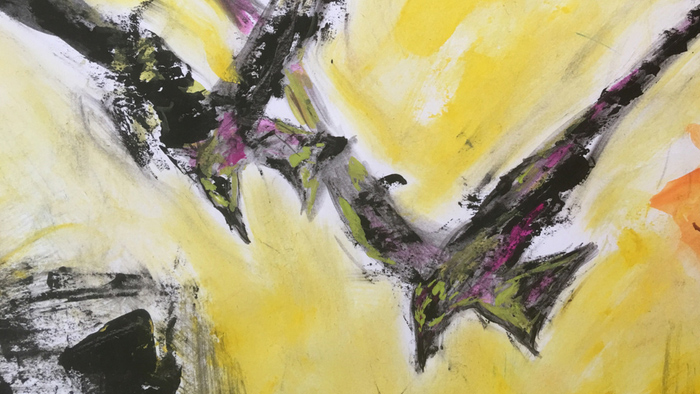 Portion of a process painting showing two birds flying